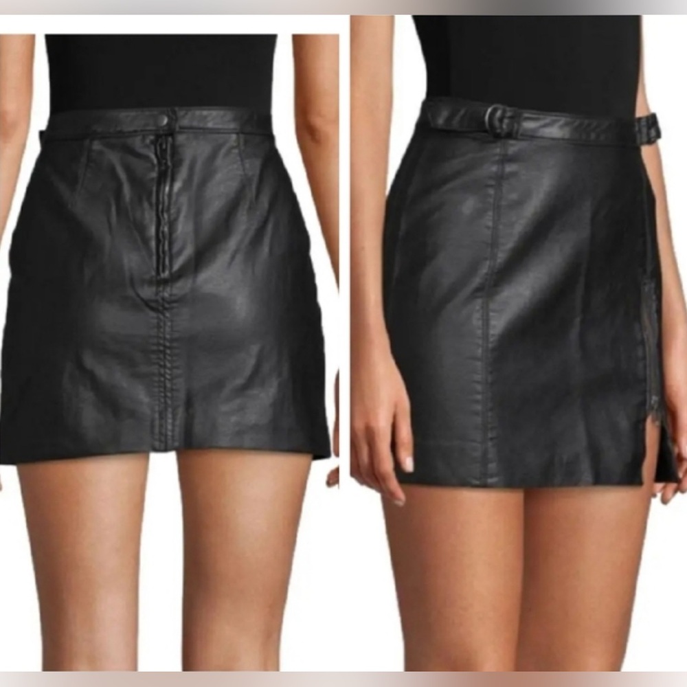Free People black midnight magic faux leather mini skirt size 2